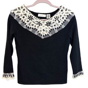 Anthropologie Sleeping On Snow Angora Cashmere Lace Frilly Black Sweater Size XS